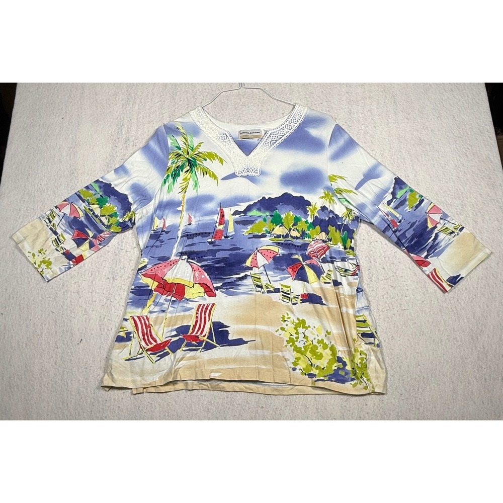 Alfred Dunner Woman 1X Tropical Beach Print Lace V-Neck Sequin Top 3/4 Sleeve